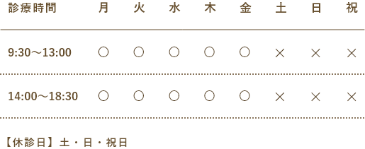 診療時間：平日9:30～13:00/14:00～18:30・祝日：土・日・祝日